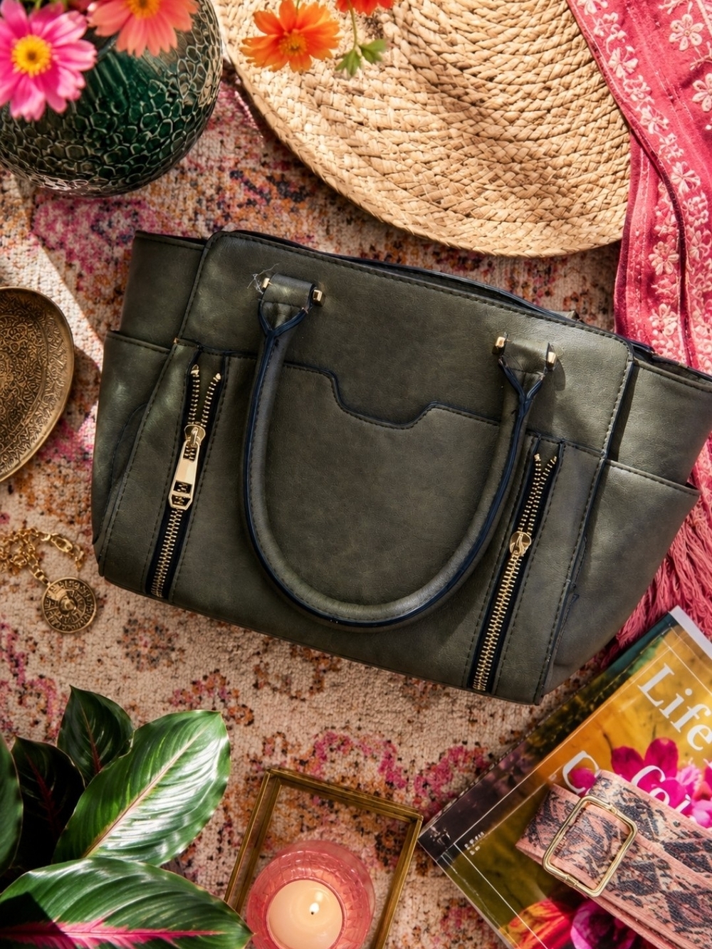 4/$15 Stylish Olive Green Tote Bag with Gold Hardware